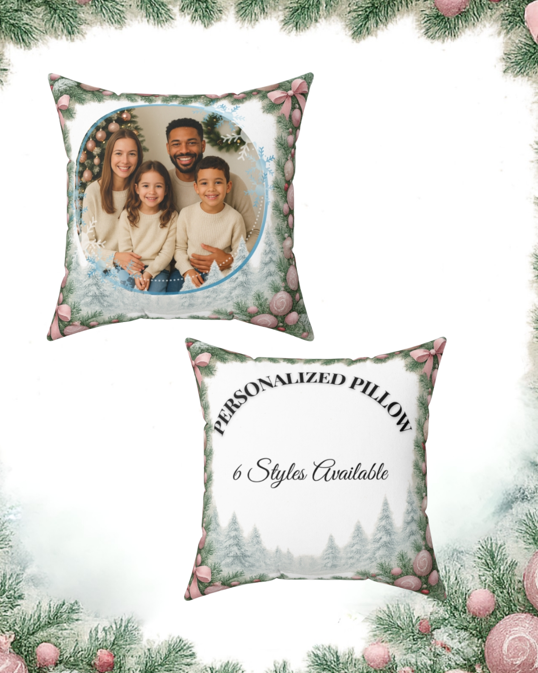 Personalized Christmas Family Photo Pillow | Frosted Pink Tree Border | Custom Name Holiday Cushion | 6 Styles Available