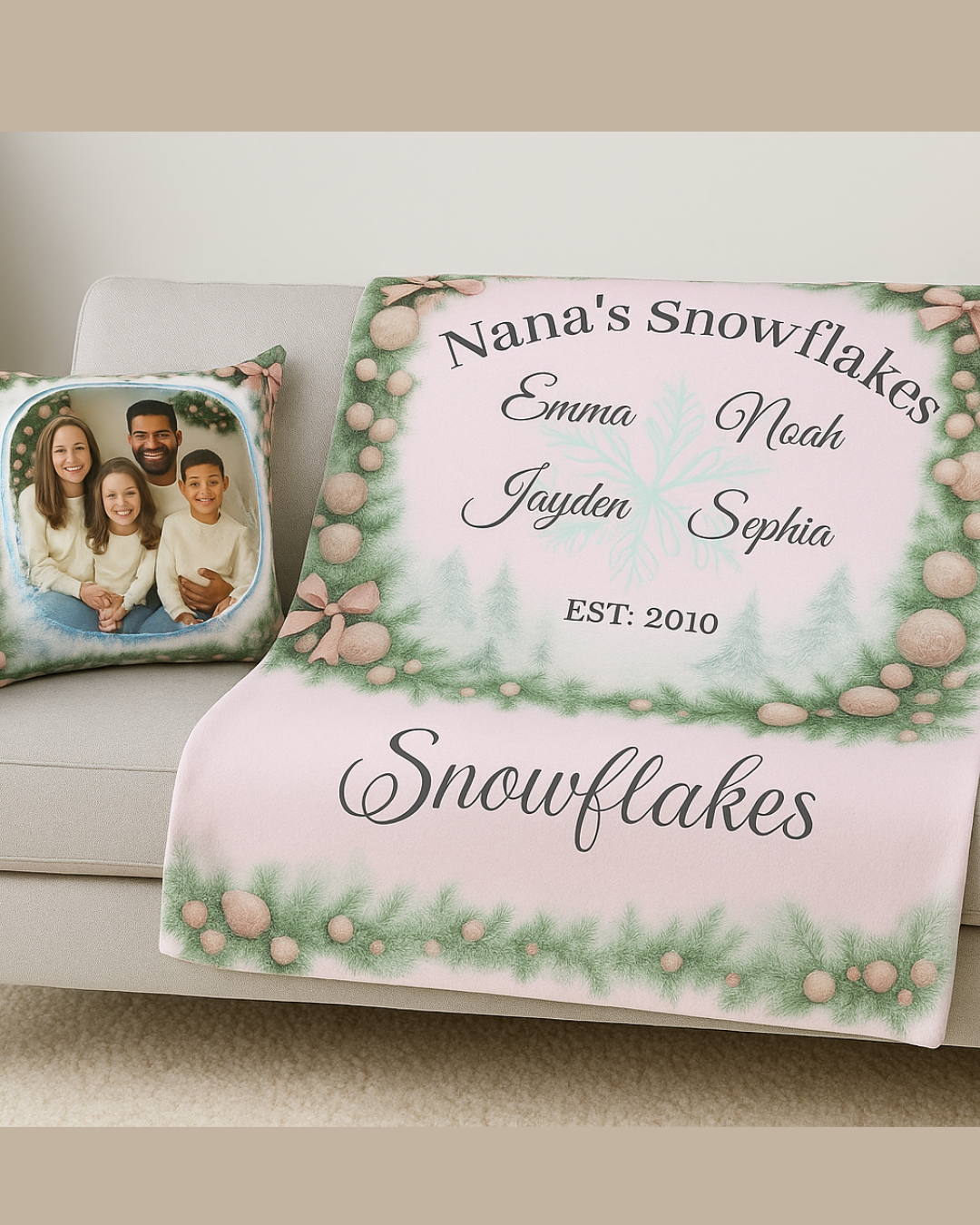 Personalized Christmas Family Photo Pillow | Frosted Pink Tree Border | Custom Name Holiday Cushion | 6 Styles Available