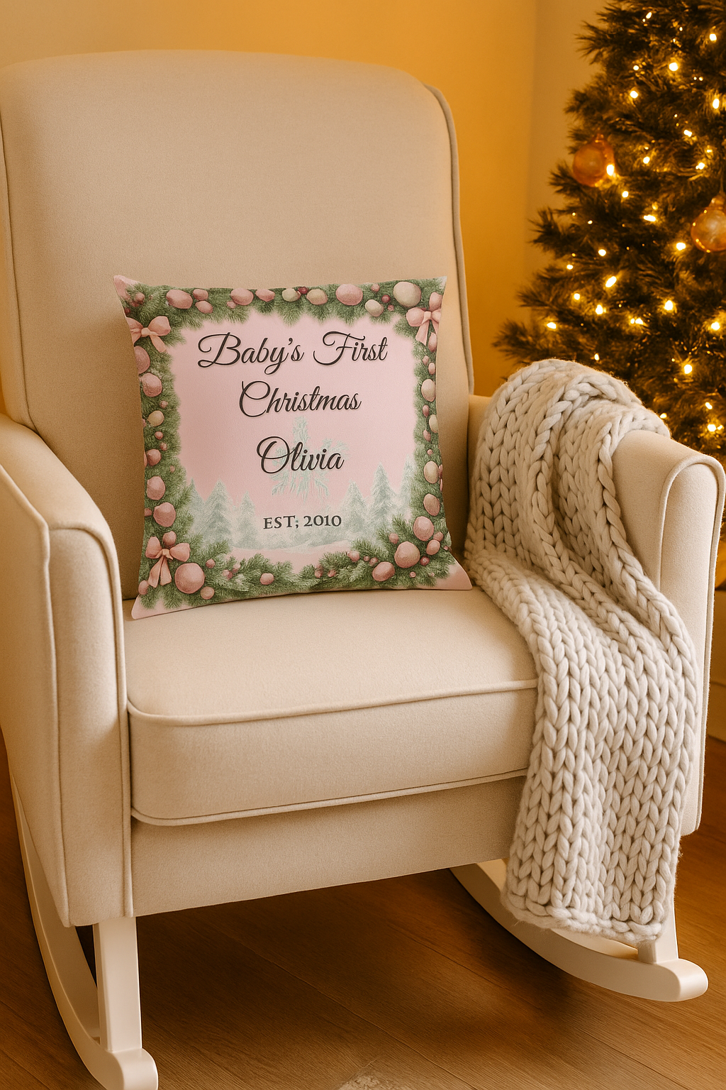 Personalized Christmas Family Photo Pillow | Frosted Pink Tree Border | Custom Name Holiday Cushion | 6 Styles Available