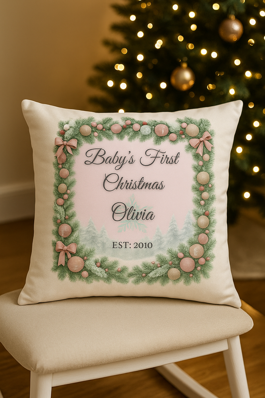 Personalized Christmas Family Photo Pillow | Frosted Pink Tree Border | Custom Name Holiday Cushion | 6 Styles Available