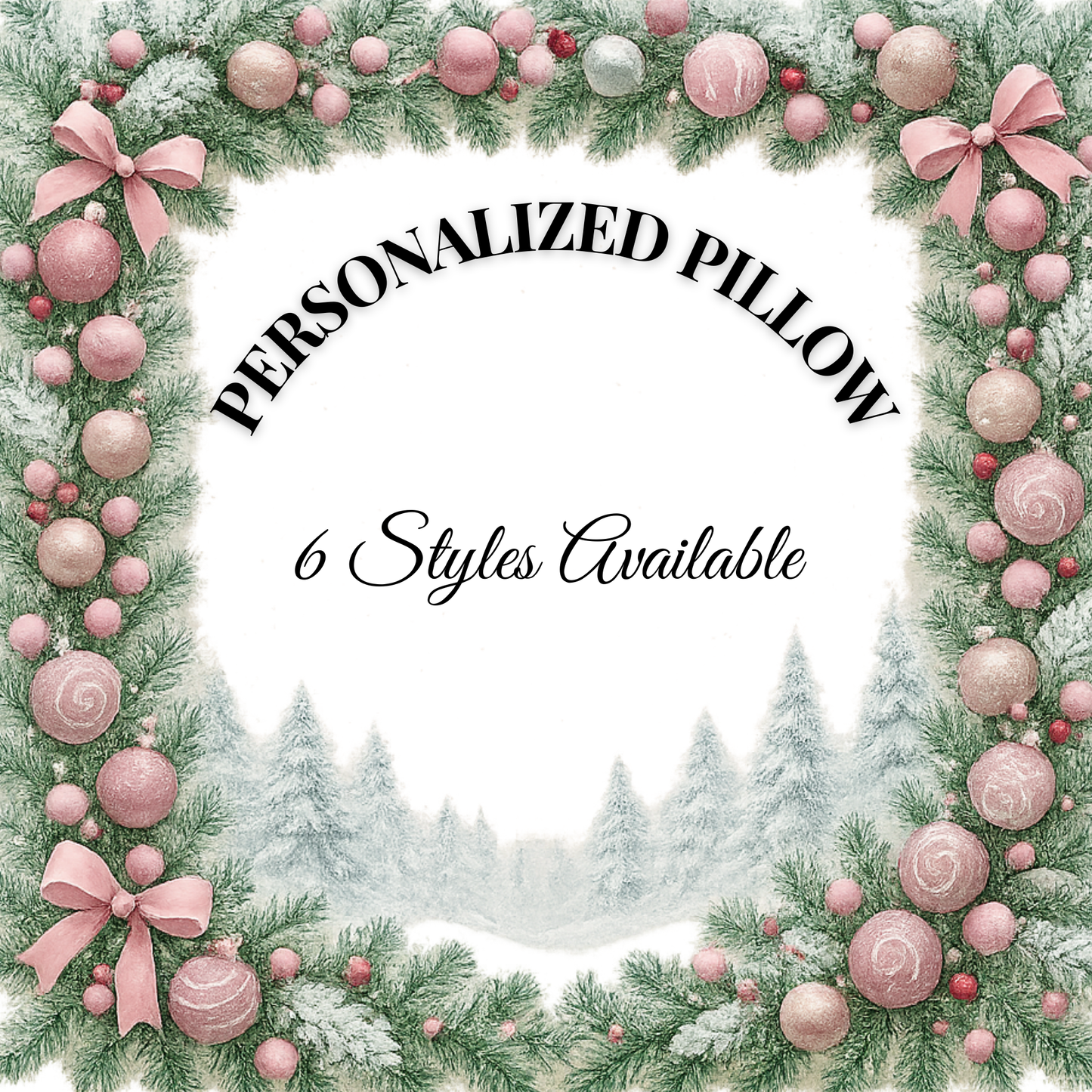 Personalized Christmas Family Photo Pillow | Frosted Pink Tree Border | Custom Name Holiday Cushion | 6 Styles Available
