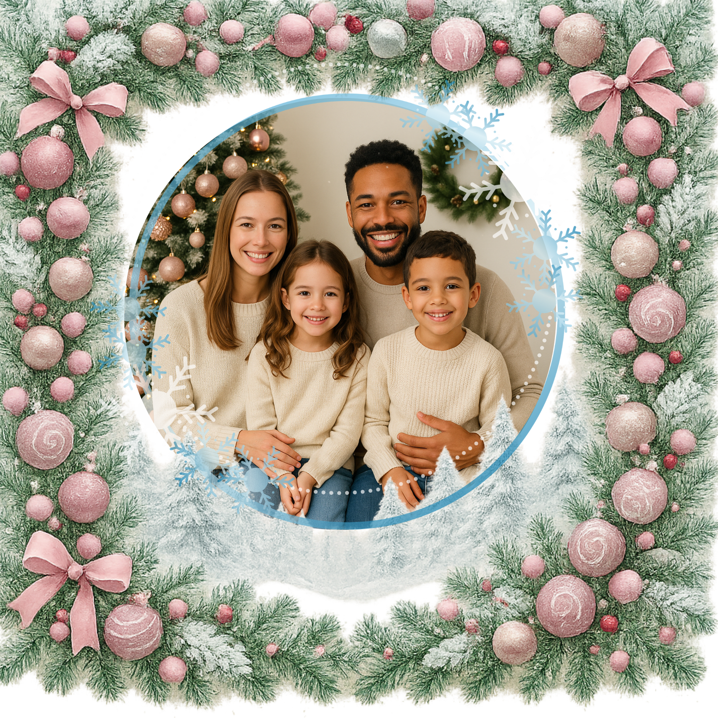 Personalized Christmas Family Photo Pillow | Frosted Pink Tree Border | Custom Name Holiday Cushion | 6 Styles Available