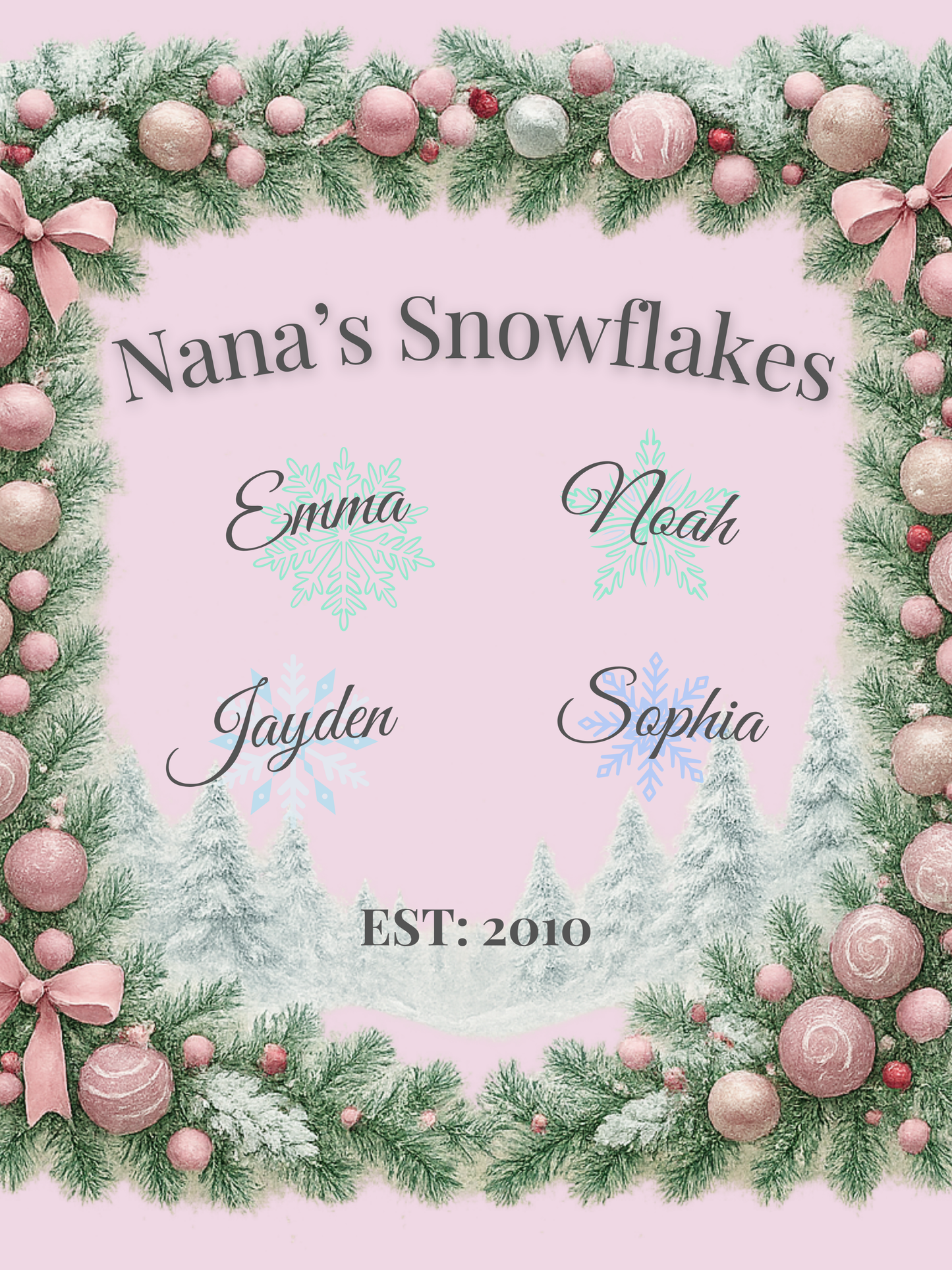 Personalized Christmas Family Photo Pillow | Frosted Pink Tree Border | Custom Name Holiday Cushion | 6 Styles Available