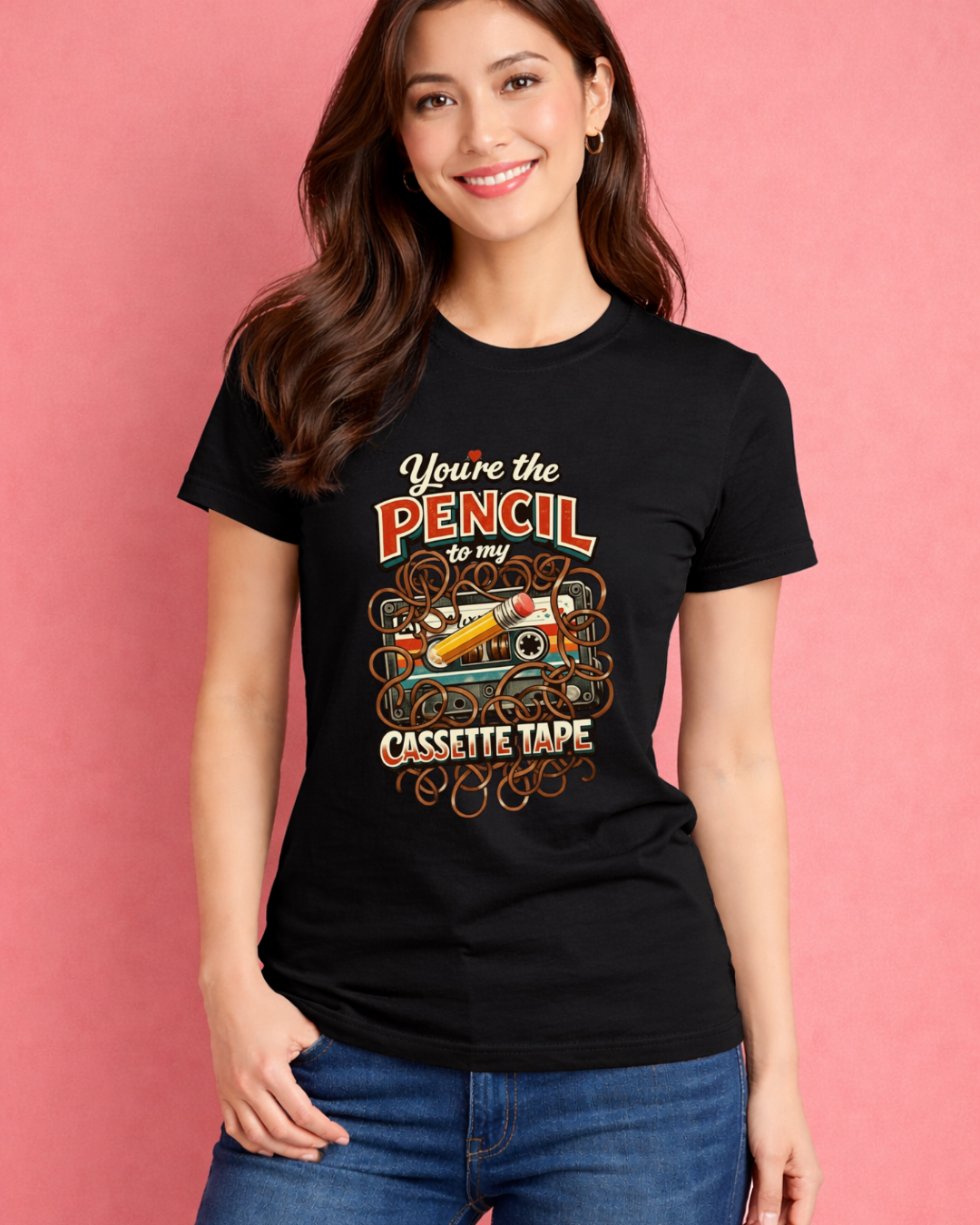 You’re the Pencil to My Cassette Tape – Retro Valentine Graphic T-Shirt (Gildan 6400)