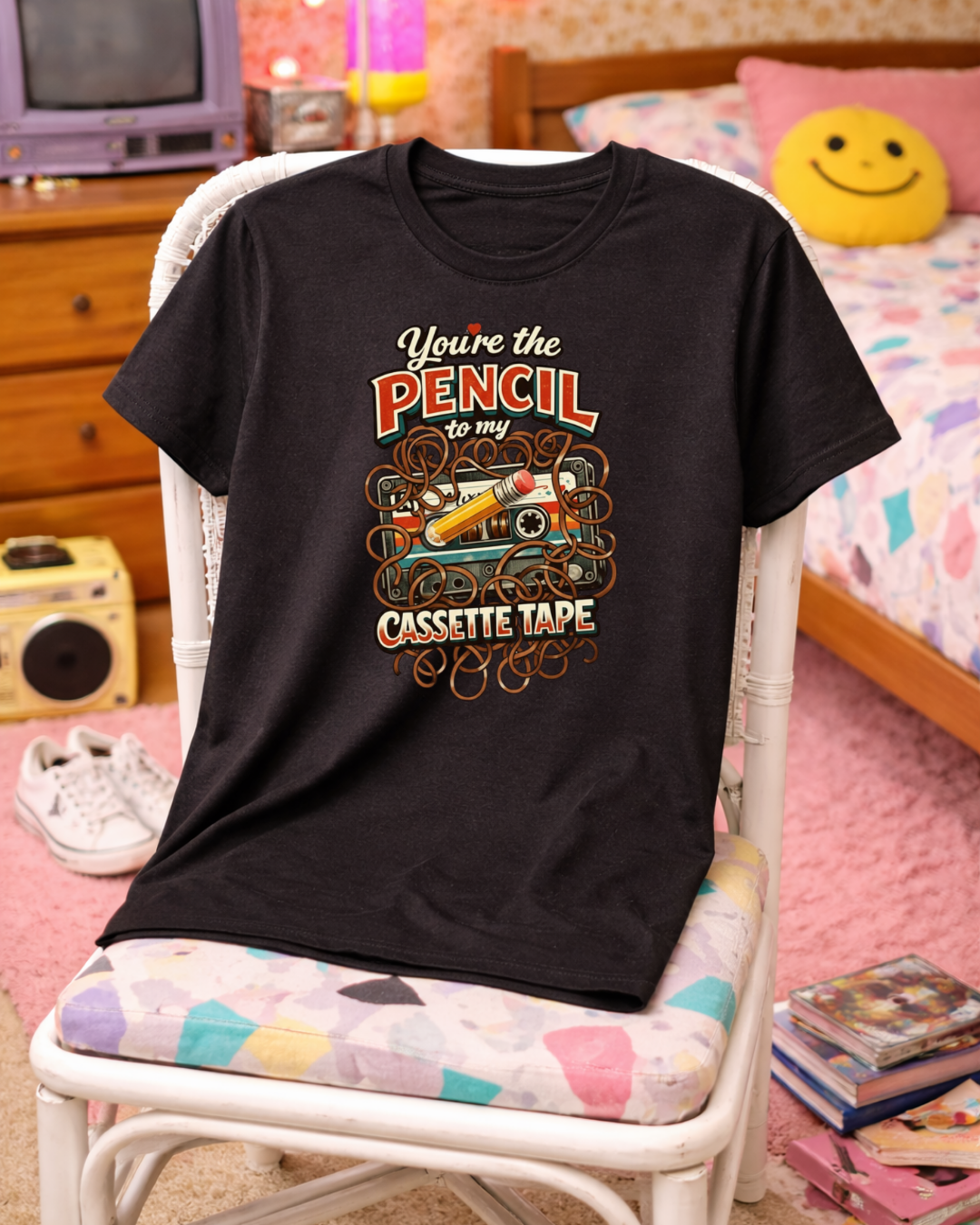 You’re the Pencil to My Cassette Tape – Retro Valentine Graphic T-Shirt (Gildan 6400)