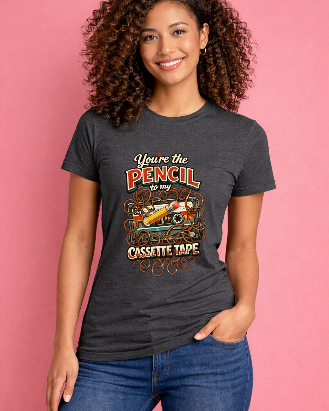 You’re the Pencil to My Cassette Tape – Retro Valentine Graphic T-Shirt (Gildan 6400)