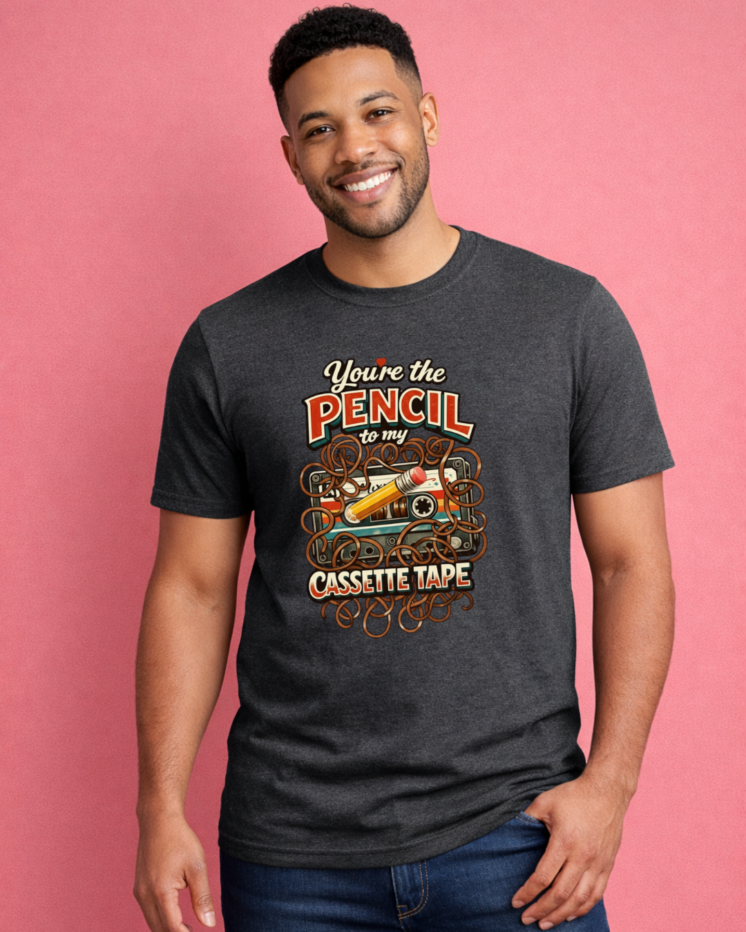 You’re the Pencil to My Cassette Tape – Retro Valentine Graphic T-Shirt (Gildan 6400)
