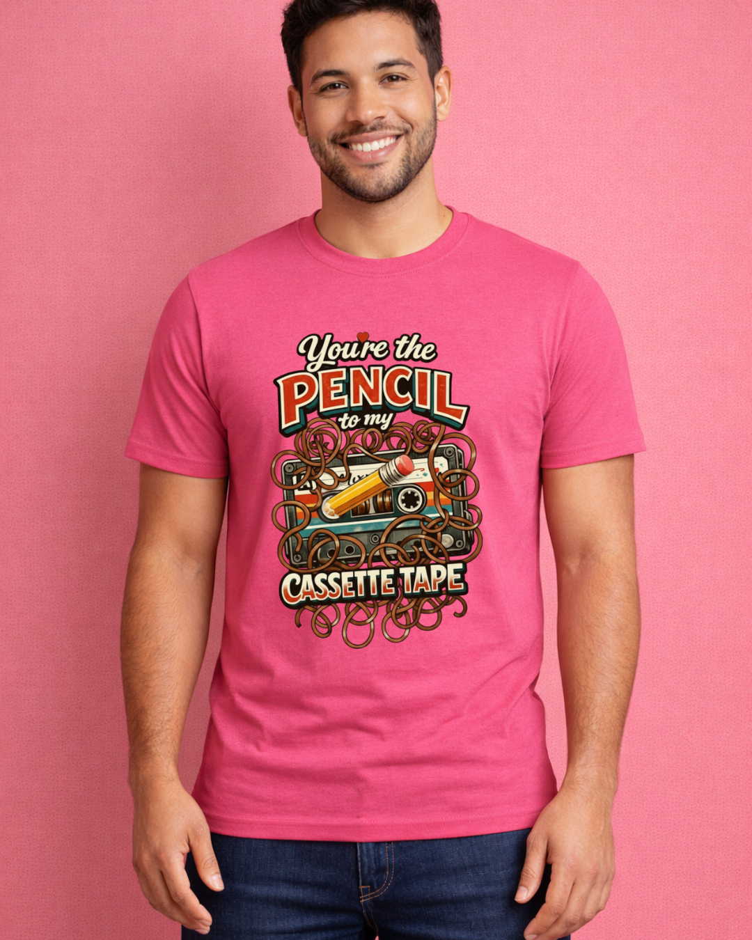 You’re the Pencil to My Cassette Tape – Retro Valentine Graphic T-Shirt (Gildan 6400)