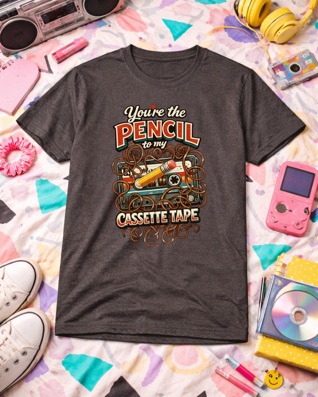 You’re the Pencil to My Cassette Tape – Retro Valentine Graphic T-Shirt (Gildan 6400)