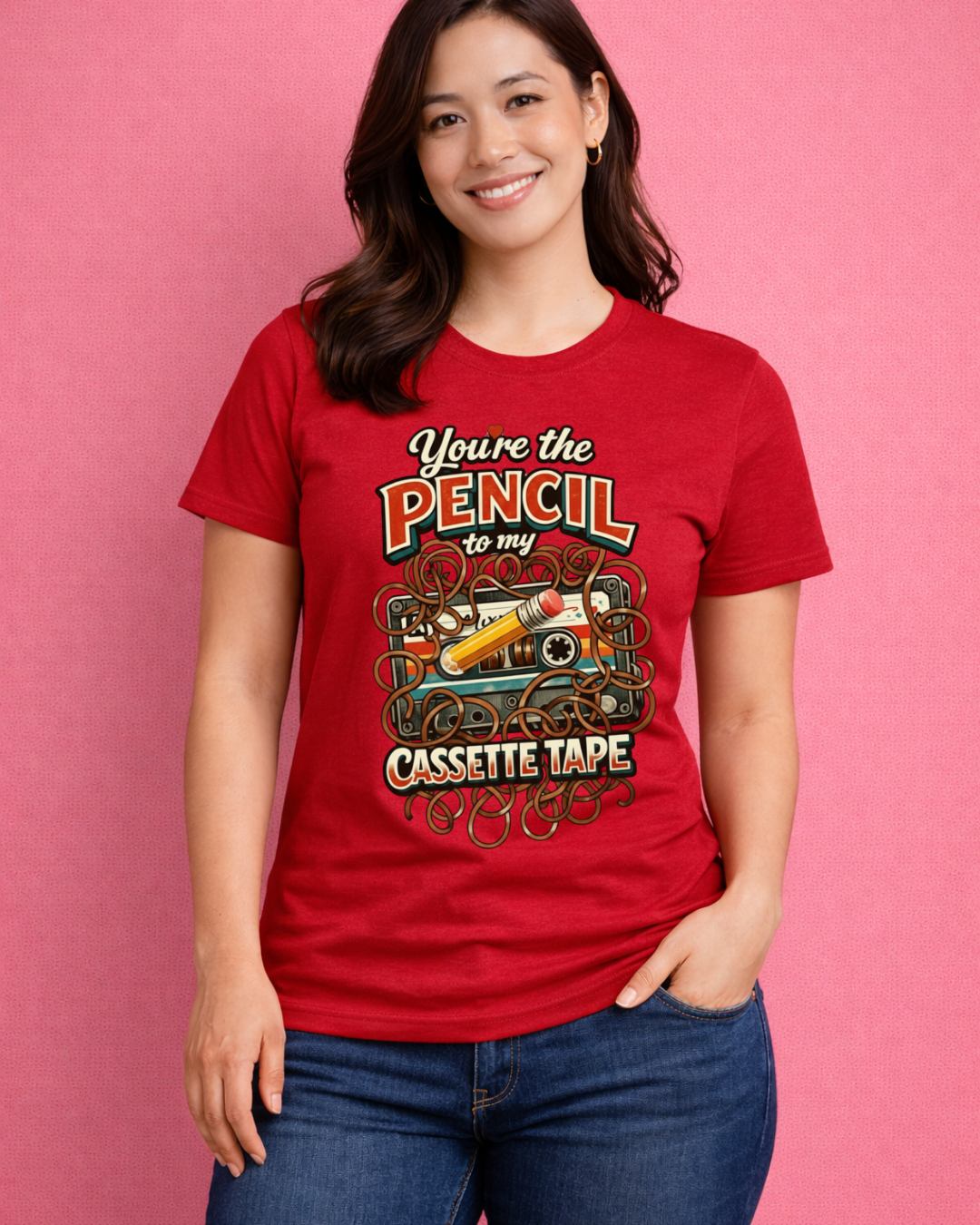 You’re the Pencil to My Cassette Tape – Retro Valentine Graphic T-Shirt (Gildan 6400)