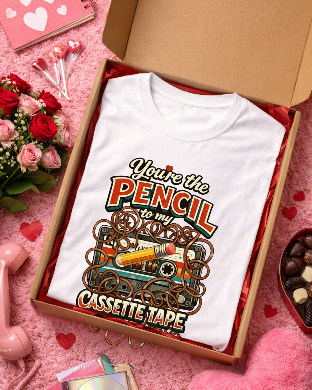 You’re the Pencil to My Cassette Tape – Retro Valentine Graphic T-Shirt (Gildan 6400)