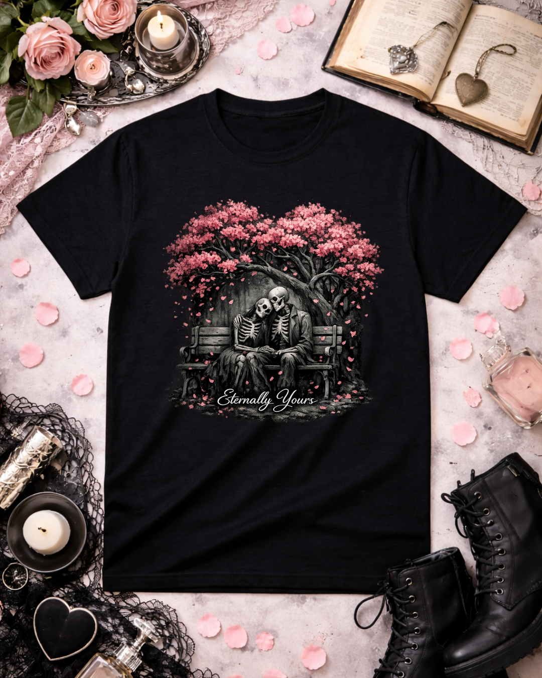 Eternally Yours Gothic Romance T-Shirt | Dark Love Skeleton Design | Unisex Softstyle Tee