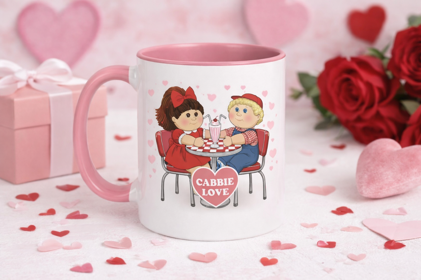 Cabbie Love Valentine Mug – 15oz Two-Tone Pink Coffee Mug – Retro Diner Cabbies Couple Gift