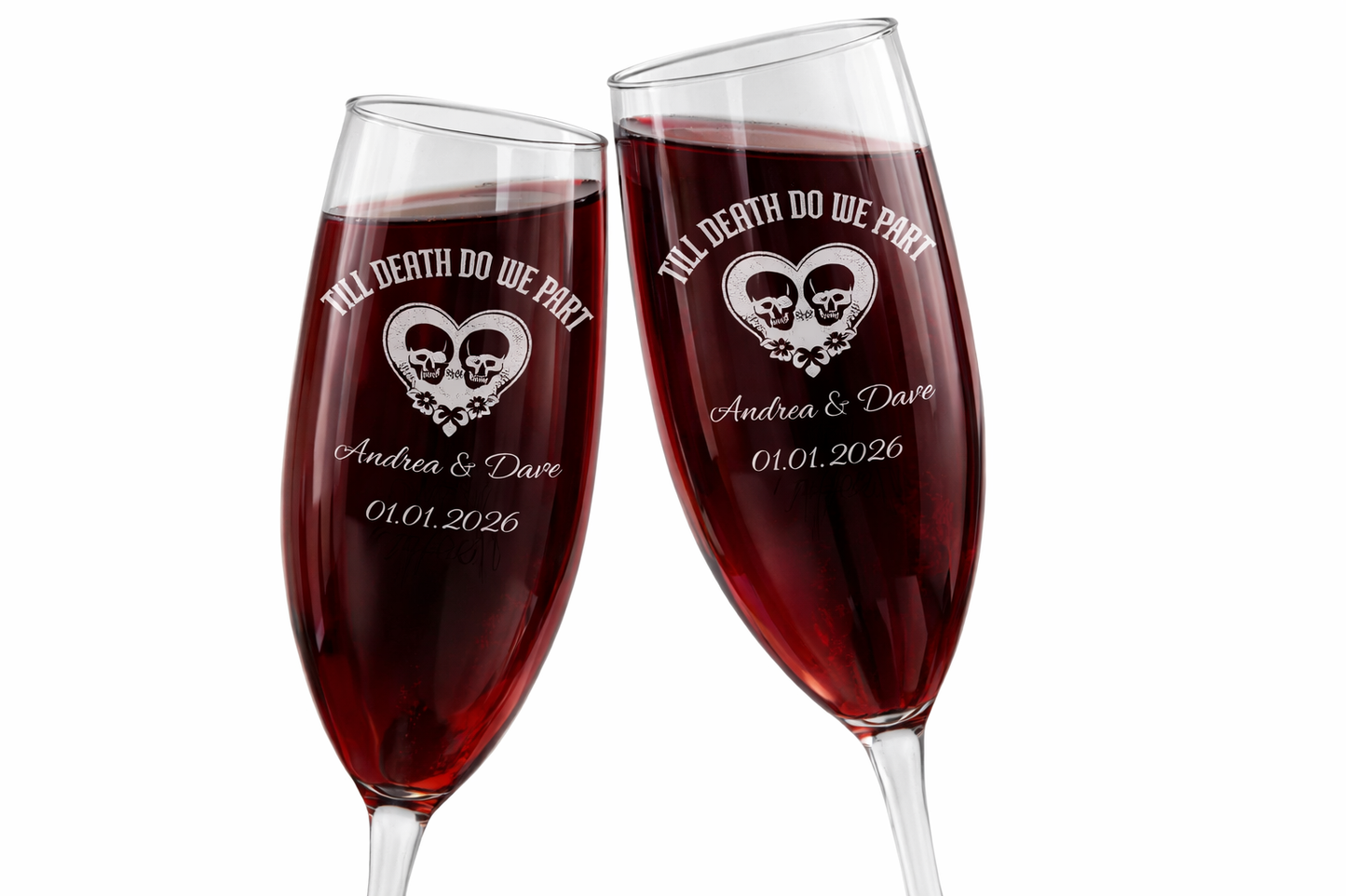 Personalized Gothic Champagne Glass | Till Death Do Us Part | Engraved Flute with Custom Names & Date