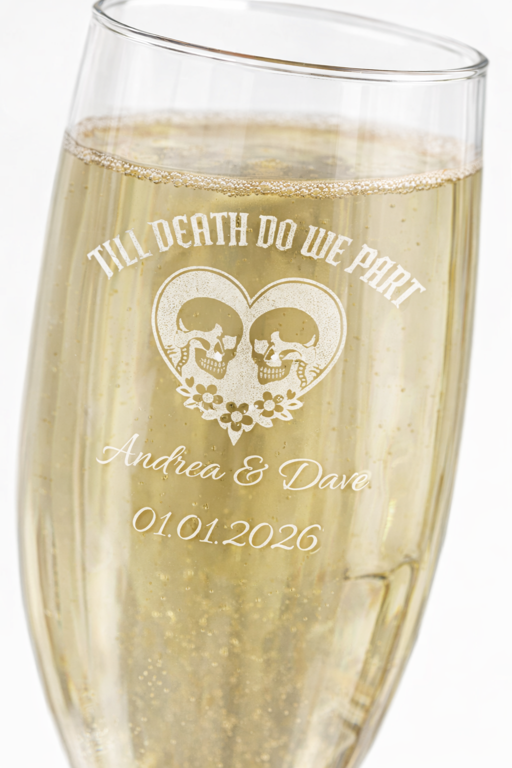 Personalized Gothic Champagne Glass | Till Death Do Us Part | Engraved Flute with Custom Names & Date
