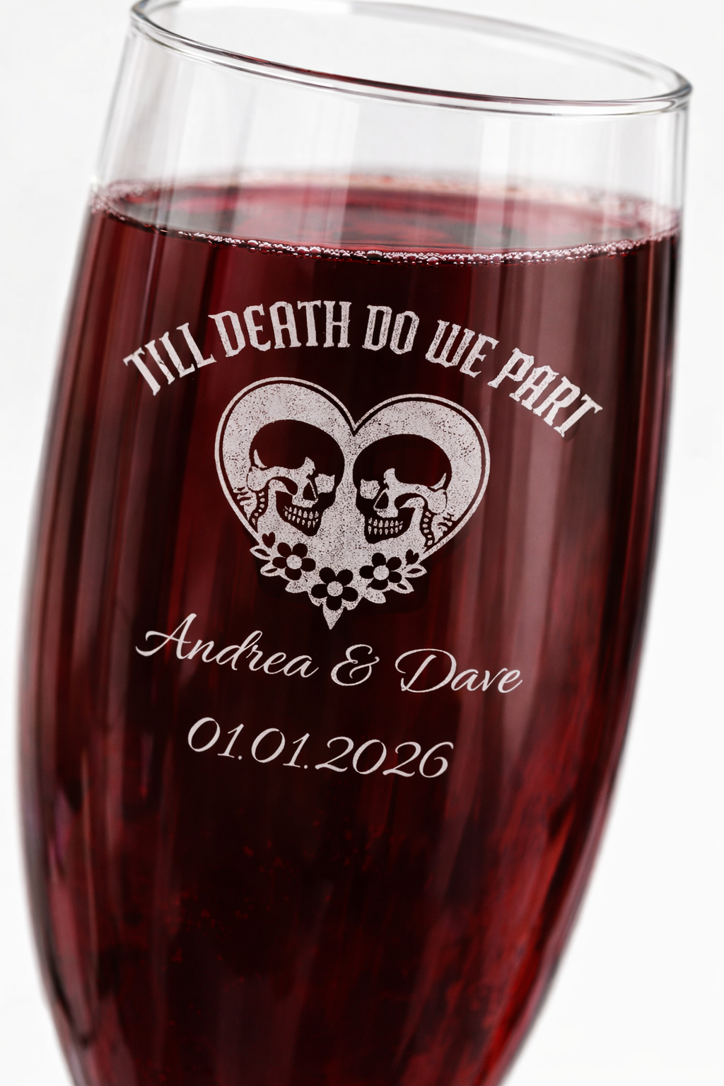 Personalized Gothic Champagne Glass | Till Death Do Us Part | Engraved Flute with Custom Names & Date
