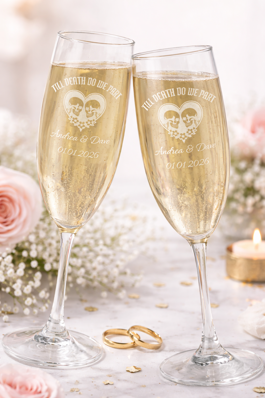 Personalized Gothic Champagne Glass | Till Death Do Us Part | Engraved Flute with Custom Names & Date