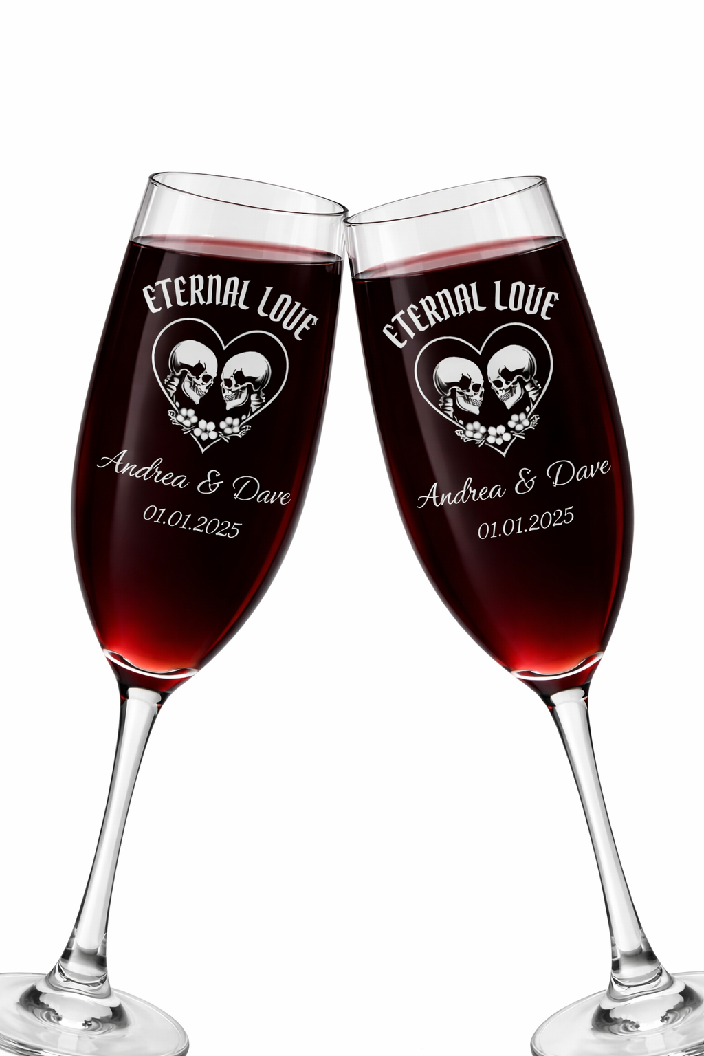 Personalized Gothic Champagne Glass – Eternal Love Engraved Flute with Custom Names & Date