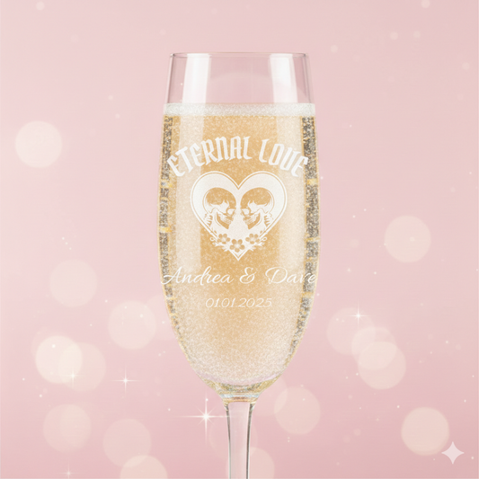 Personalized Gothic Champagne Glass – Eternal Love Engraved Flute with Custom Names & Date