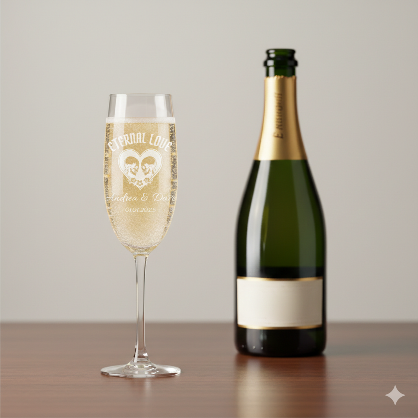 Personalized Gothic Champagne Glass – Eternal Love Engraved Flute with Custom Names & Date