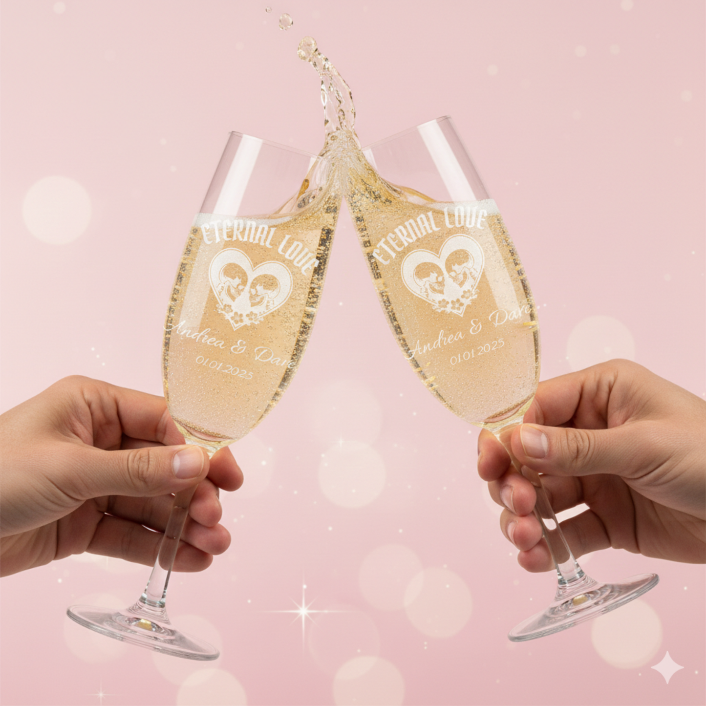 Personalized Gothic Champagne Glass – Eternal Love Engraved Flute with Custom Names & Date