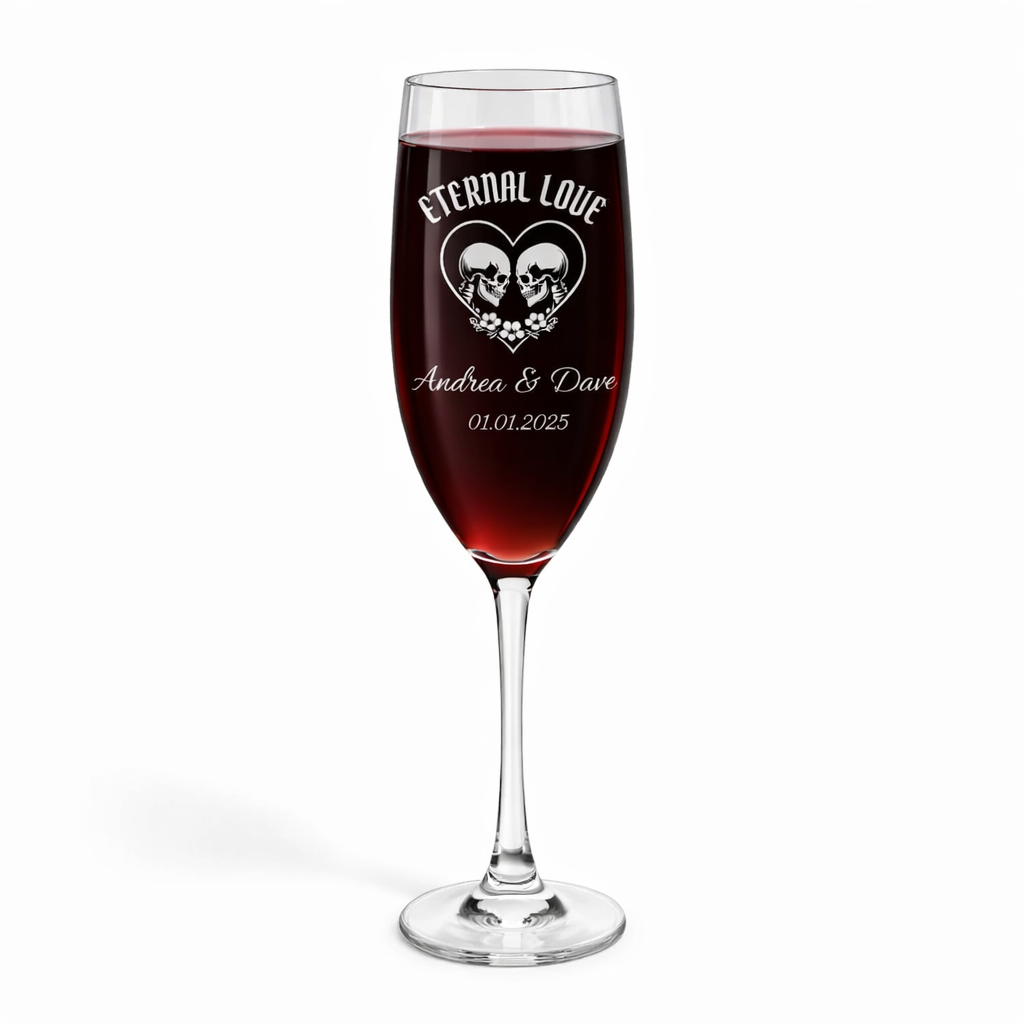 Personalized Gothic Champagne Glass – Eternal Love Engraved Flute with Custom Names & Date
