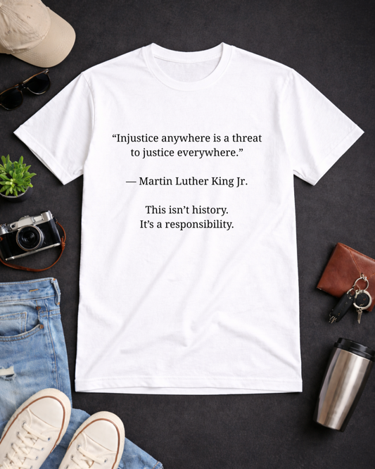MLK Justice Quote T-Shirt – Injustice Anywhere Is a Threat to Justice Everywhere