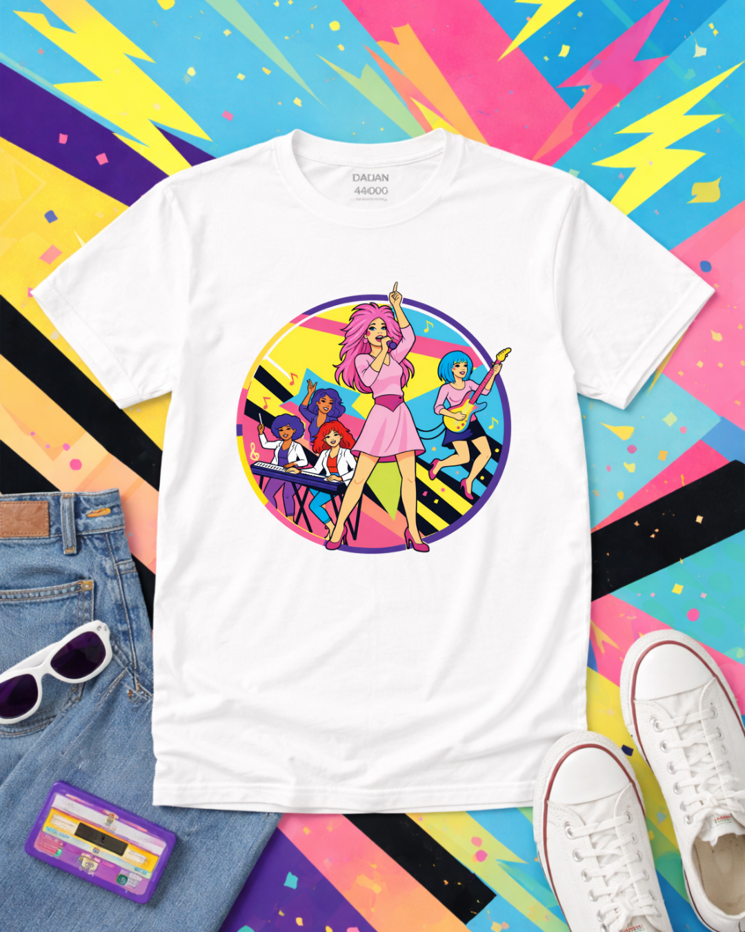 Retro 80s Girl Band Graphic Tee – Neon Pop Concert Circle Art Shirt | Gildan 64000 Tropical Blue