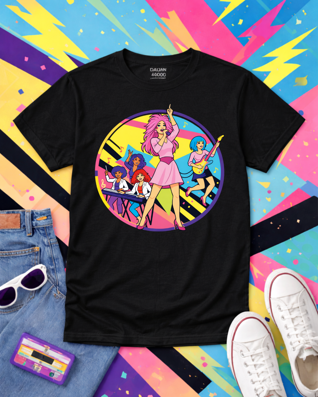 Retro 80s Girl Band Graphic Tee – Neon Pop Concert Circle Art Shirt | Gildan 64000 Tropical Blue