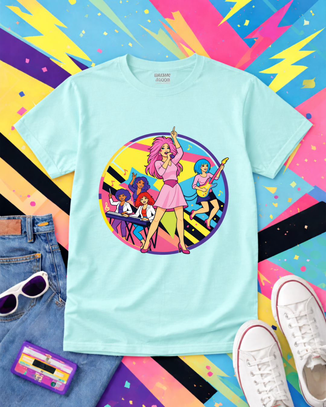 Retro 80s Girl Band Graphic Tee – Neon Pop Concert Circle Art Shirt | Gildan 64000 Tropical Blue