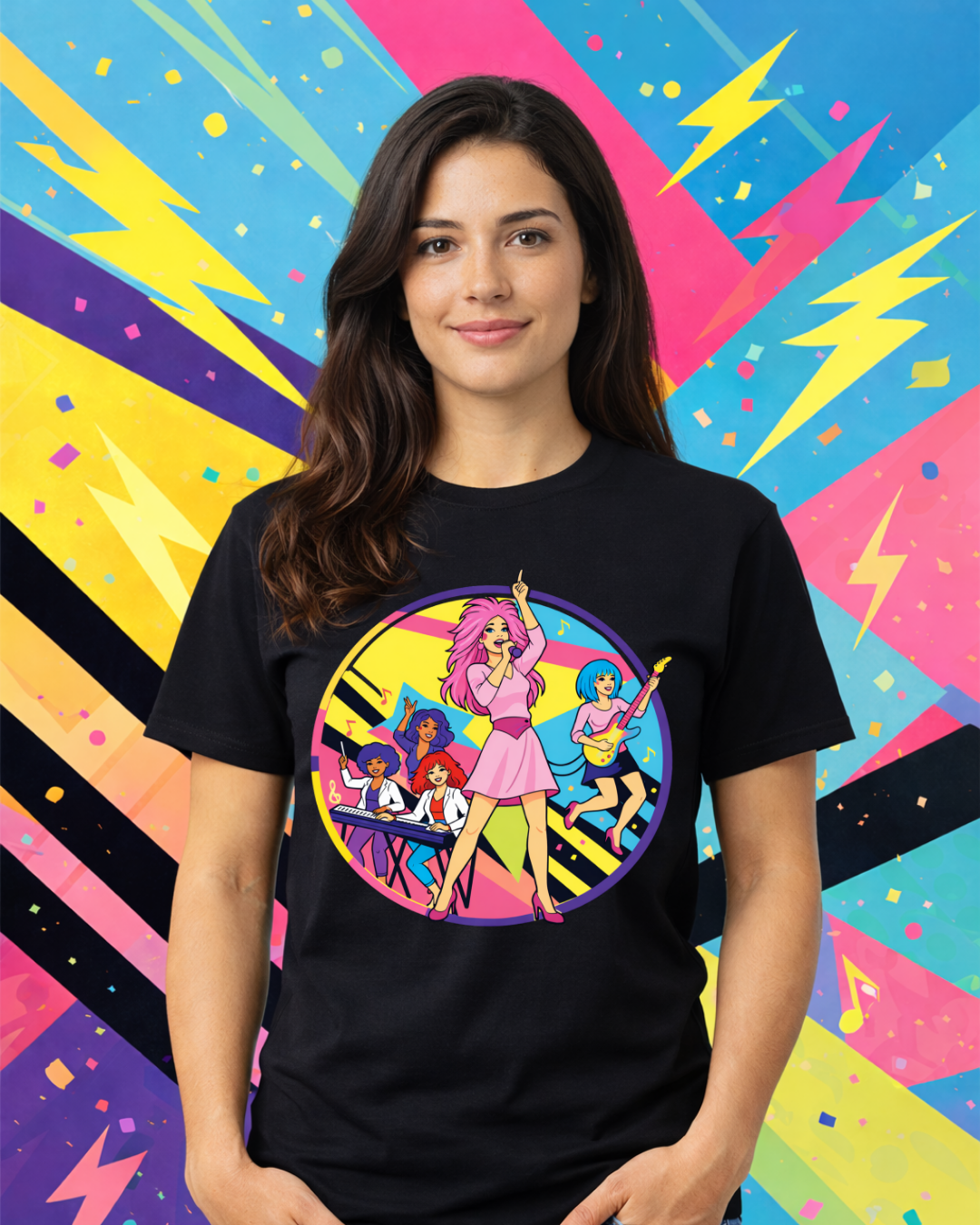 Retro 80s Girl Band Graphic Tee – Neon Pop Concert Circle Art Shirt | Gildan 64000 Tropical Blue