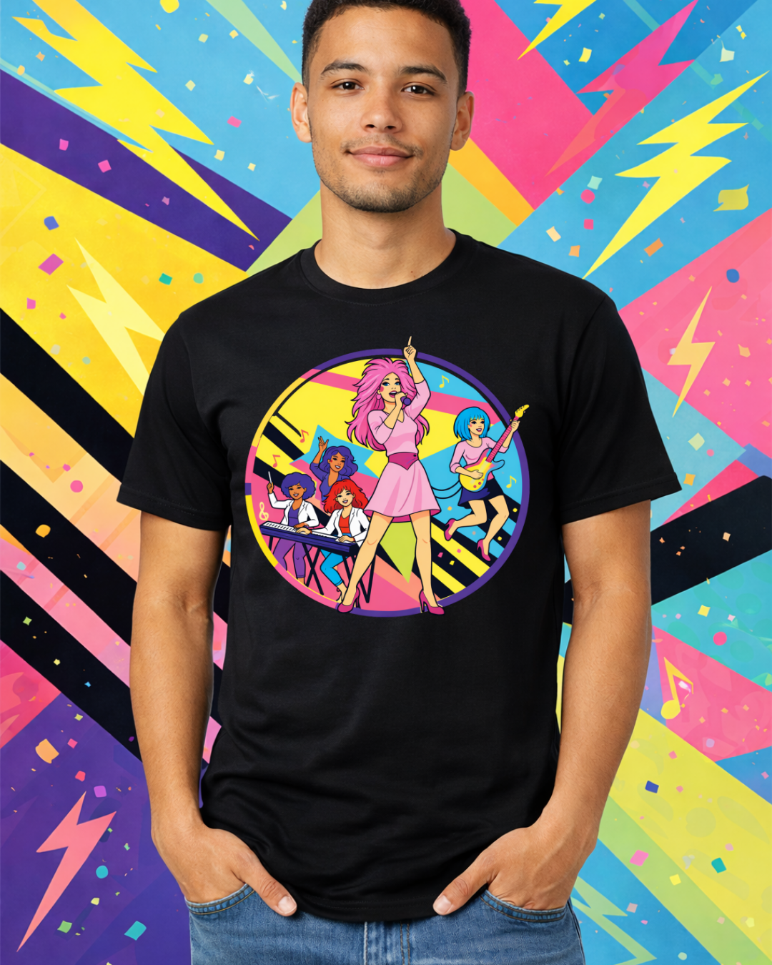 Retro 80s Girl Band Graphic Tee – Neon Pop Concert Circle Art Shirt | Gildan 64000 Tropical Blue