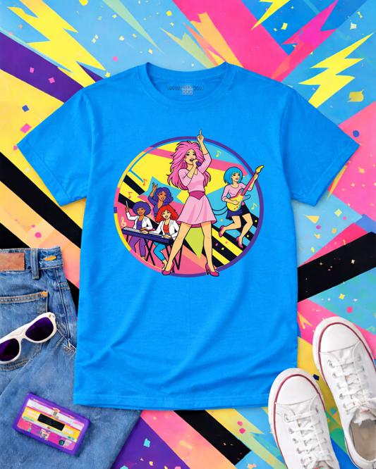 Retro 80s Girl Band Graphic Tee – Neon Pop Concert Circle Art Shirt | Gildan 64000 Tropical Blue