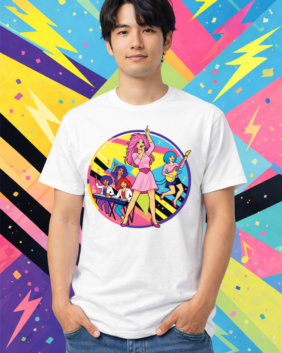 Retro 80s Girl Band Graphic Tee – Neon Pop Concert Circle Art Shirt | Gildan 64000 Tropical Blue