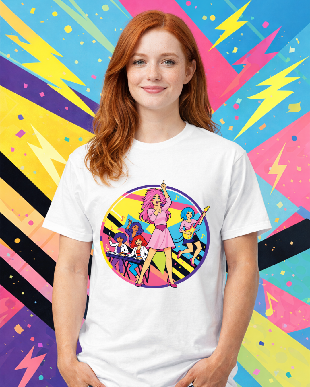 Retro 80s Girl Band Graphic Tee – Neon Pop Concert Circle Art Shirt | Gildan 64000 Tropical Blue