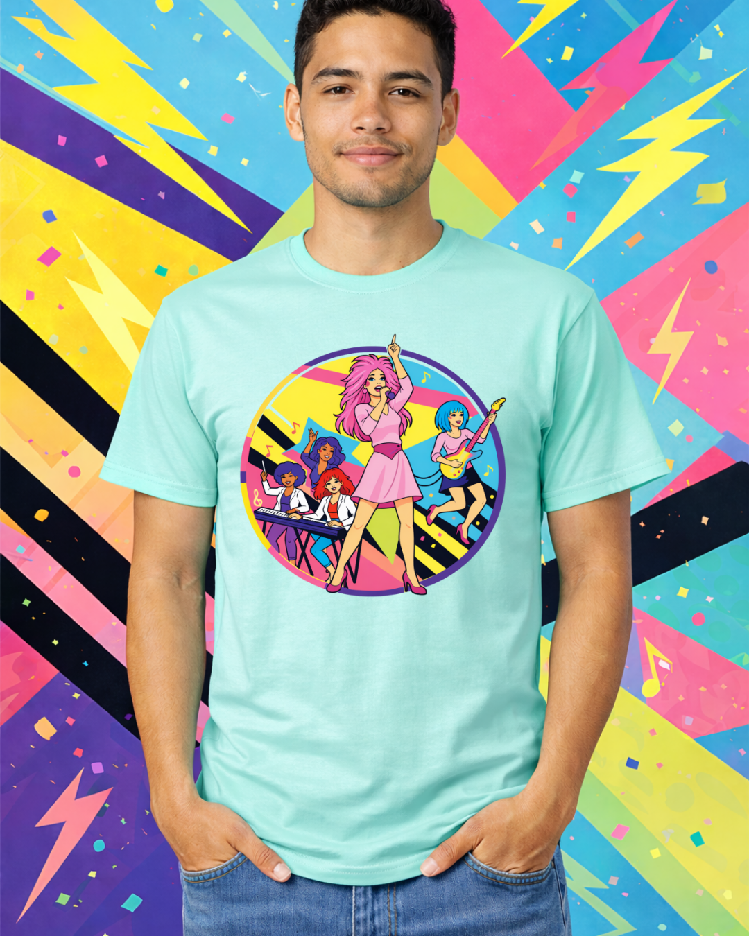 Retro 80s Girl Band Graphic Tee – Neon Pop Concert Circle Art Shirt | Gildan 64000 Tropical Blue