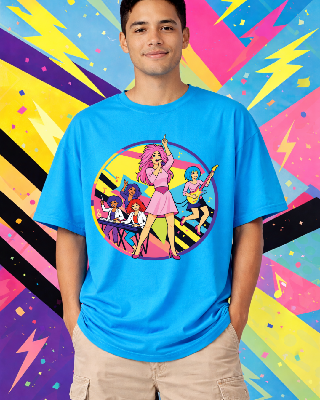 Retro 80s Girl Band Graphic Tee – Neon Pop Concert Circle Art Shirt | Gildan 64000 Tropical Blue