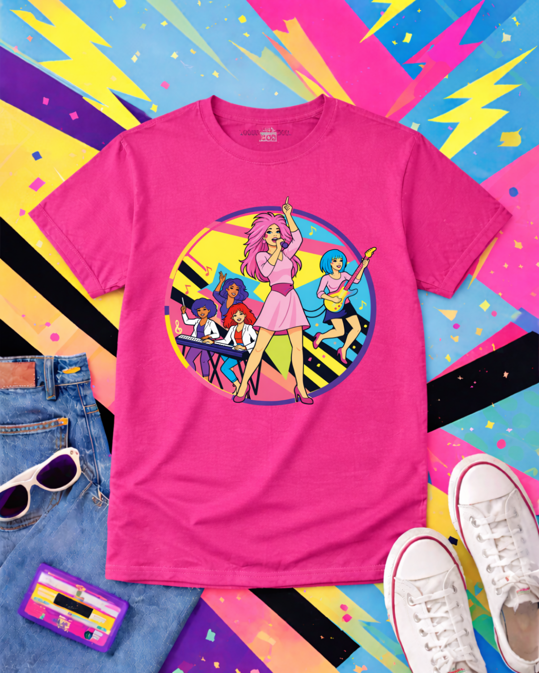 Retro 80s Girl Band Graphic Tee – Neon Pop Concert Circle Art Shirt | Gildan 64000 Tropical Blue