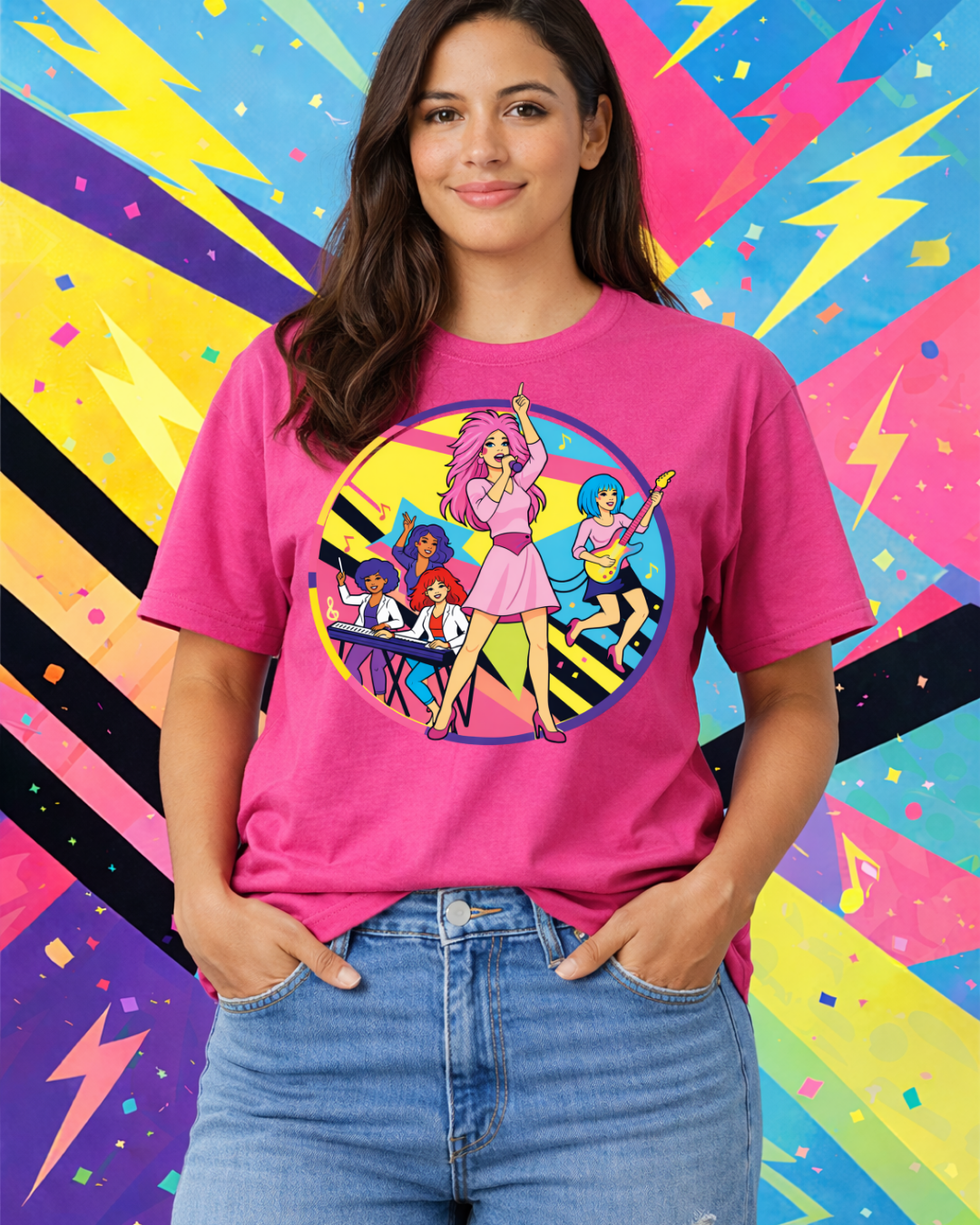 Retro 80s Girl Band Graphic Tee – Neon Pop Concert Circle Art Shirt | Gildan 64000 Tropical Blue