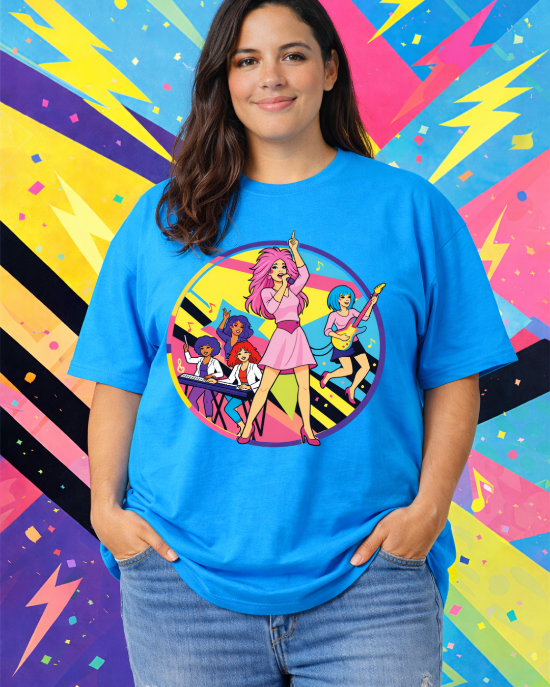 Retro 80s Girl Band Graphic Tee – Neon Pop Concert Circle Art Shirt | Gildan 64000 Tropical Blue