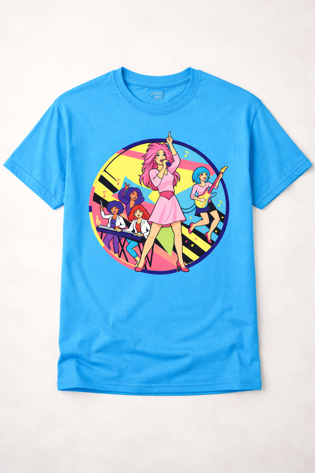 Retro 80s Girl Band Graphic Tee – Neon Pop Concert Circle Art Shirt | Gildan 64000 Tropical Blue