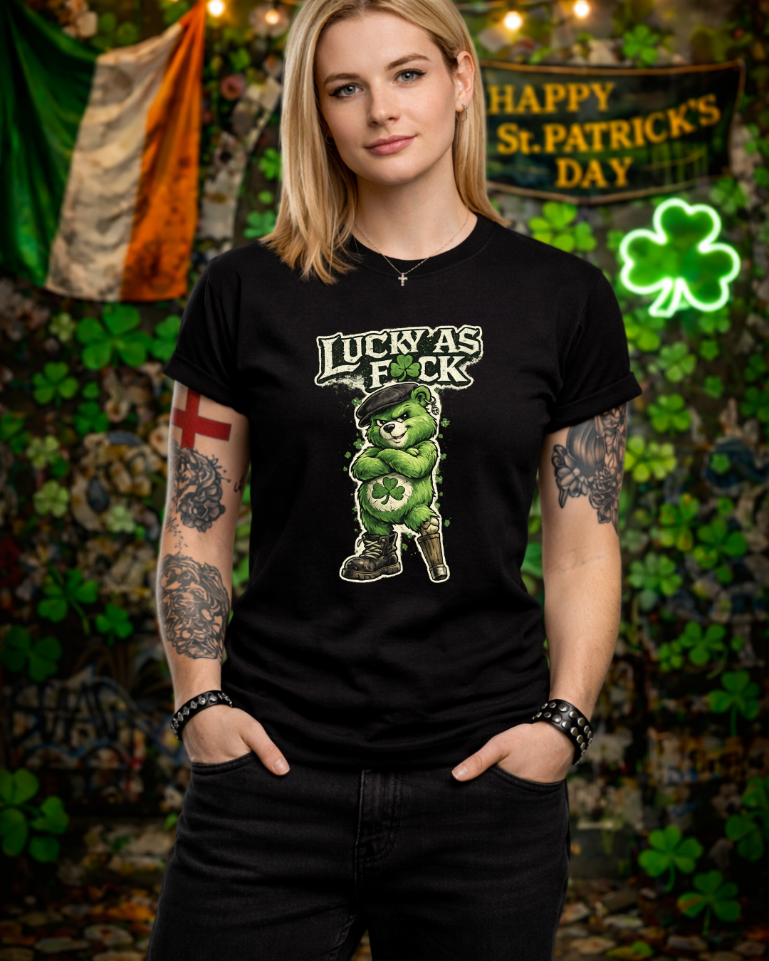 Lucky As F🍀ck Punk Bear T-Shirt | Unisex Gildan 64000 | St. Patrick’s Day Graphic Tee