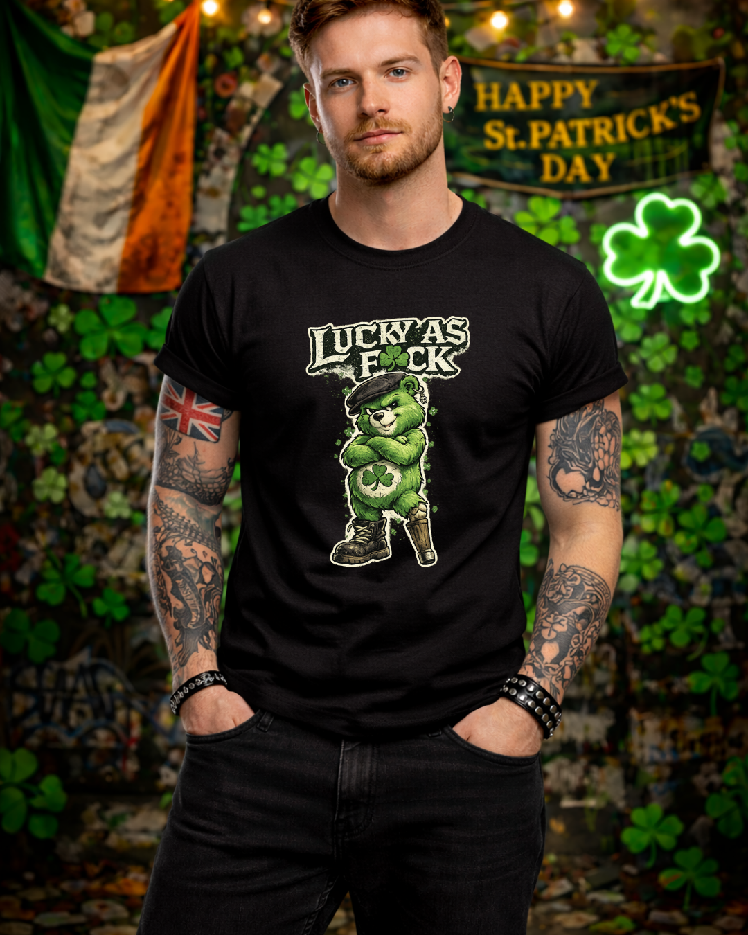 Lucky As F🍀ck Punk Bear T-Shirt | Unisex Gildan 64000 | St. Patrick’s Day Graphic Tee