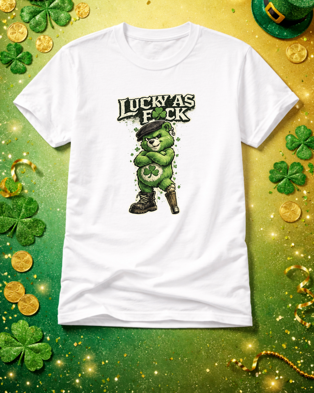 Lucky As F🍀ck Punk Bear T-Shirt | Unisex Gildan 64000 | St. Patrick’s Day Graphic Tee