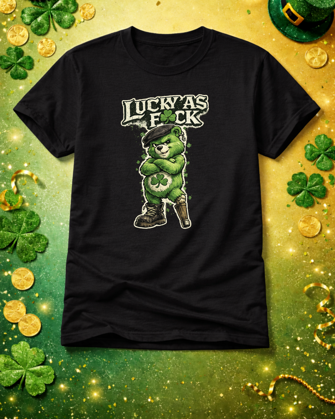 Lucky As F🍀ck Punk Bear T-Shirt | Unisex Gildan 64000 | St. Patrick’s Day Graphic Tee