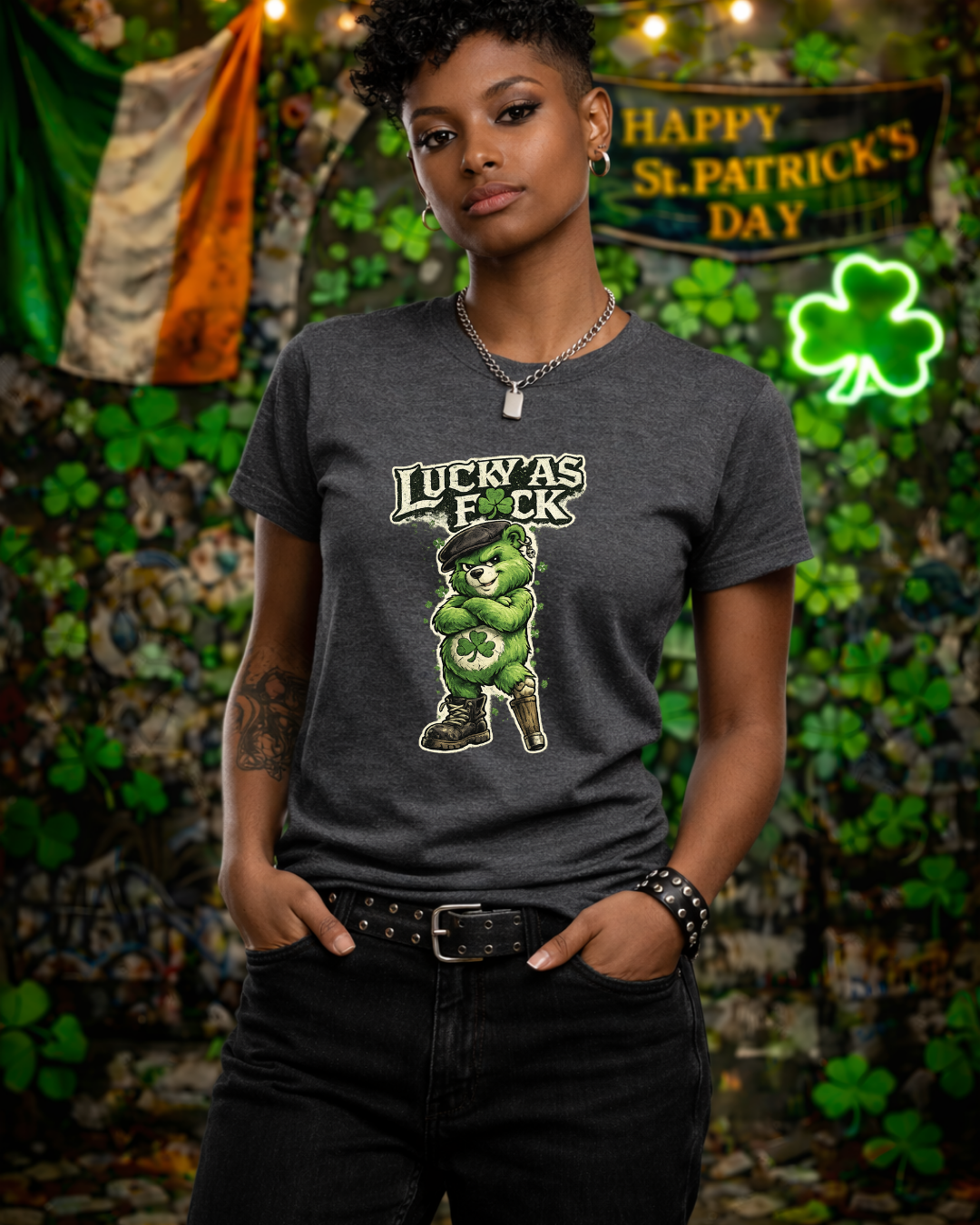 Lucky As F🍀ck Punk Bear T-Shirt | Unisex Gildan 64000 | St. Patrick’s Day Graphic Tee