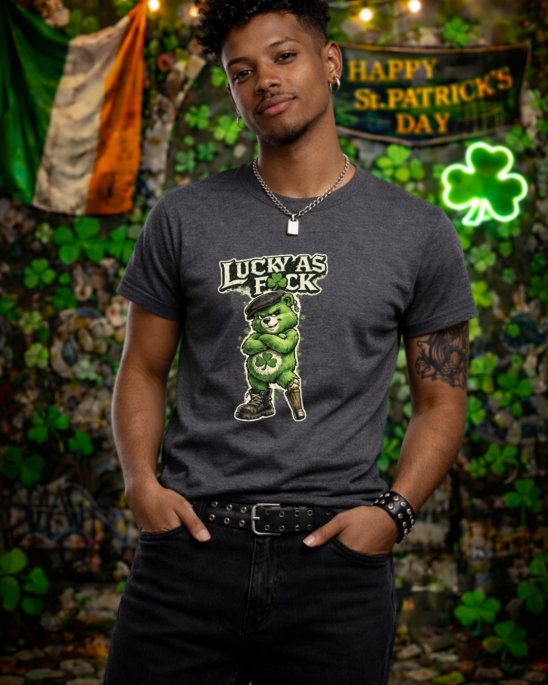Lucky As F🍀ck Punk Bear T-Shirt | Unisex Gildan 64000 | St. Patrick’s Day Graphic Tee