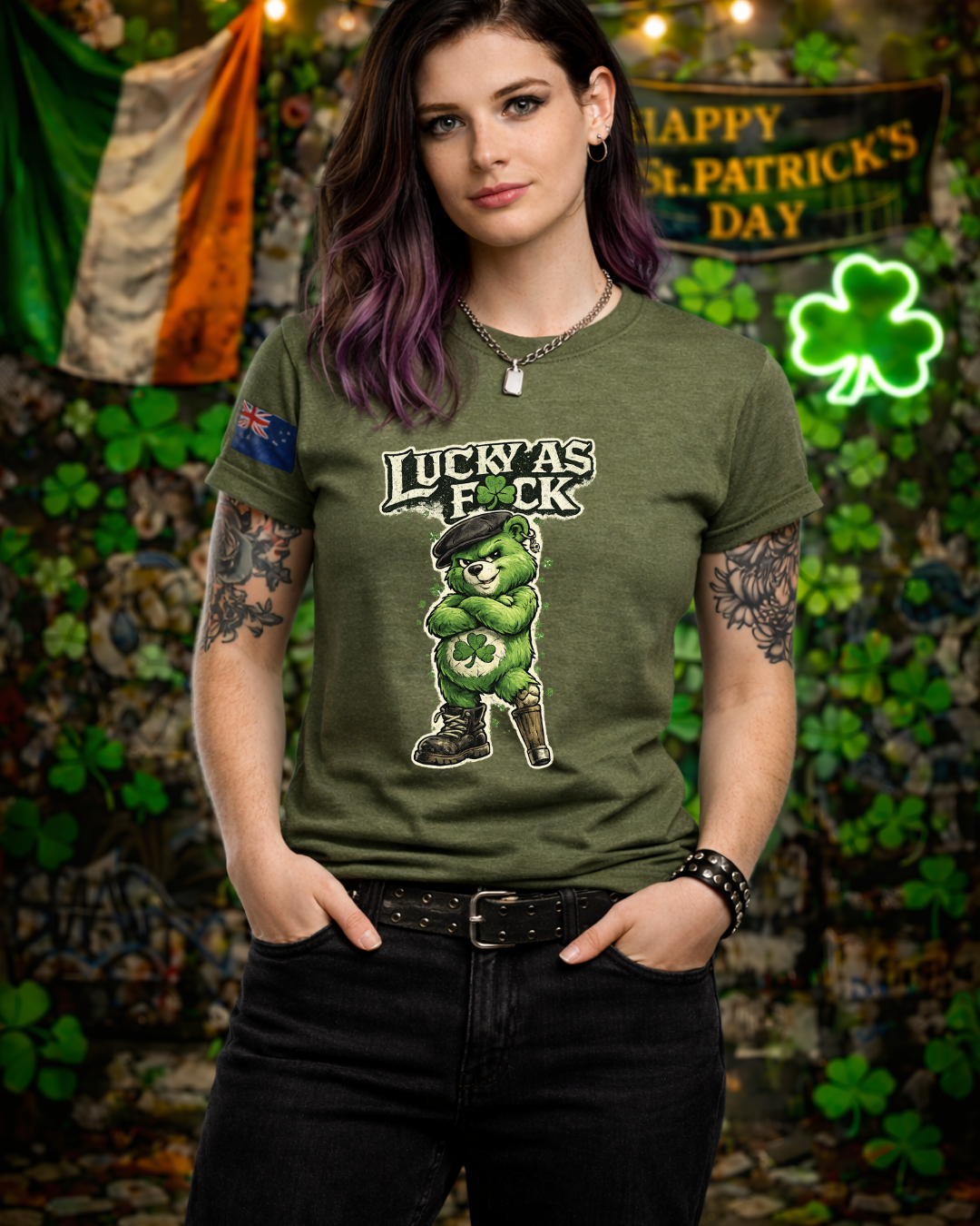Lucky As F🍀ck Punk Bear T-Shirt | Unisex Gildan 64000 | St. Patrick’s Day Graphic Tee