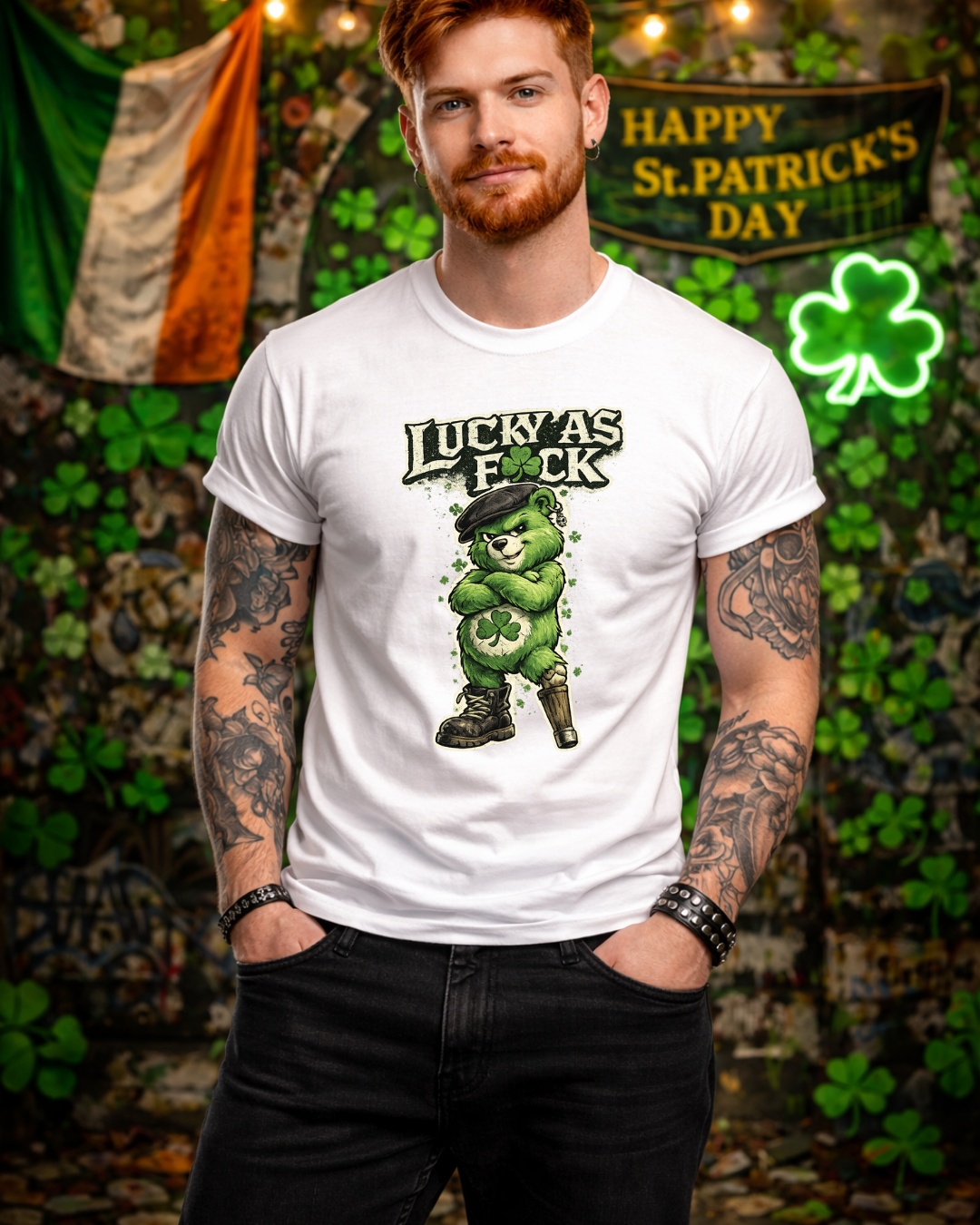 Lucky As F🍀ck Punk Bear T-Shirt | Unisex Gildan 64000 | St. Patrick’s Day Graphic Tee