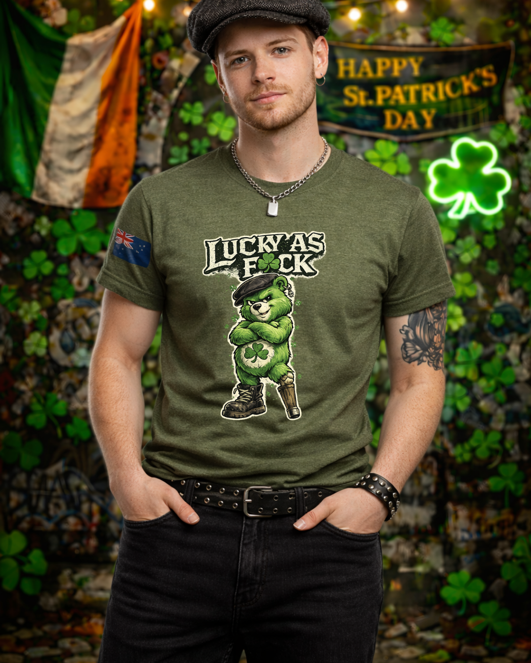 Lucky As F🍀ck Punk Bear T-Shirt | Unisex Gildan 64000 | St. Patrick’s Day Graphic Tee